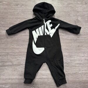 Nike‎ Jumpsuit Baby Infant 9M Hooded Coverall Black Full Zip Bodysuit Fleece